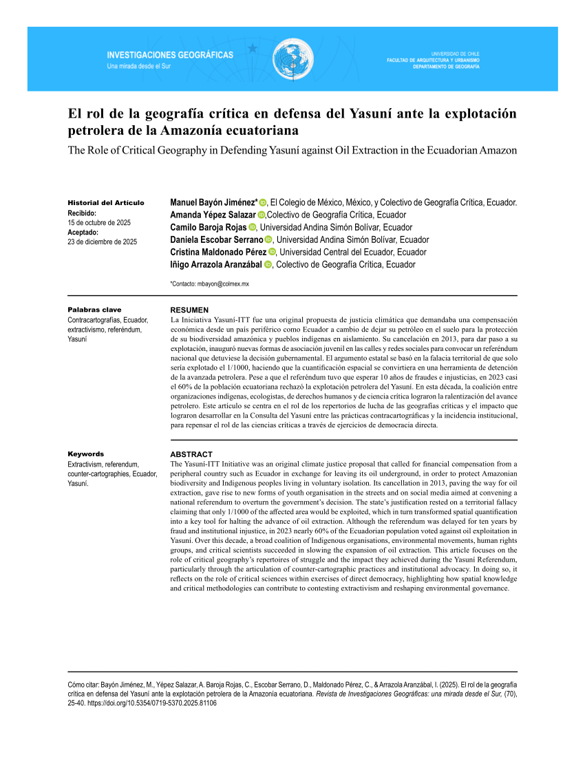 1.	El rol de la geografía crítica en defensa del Yasuní ante la explotación petrolera de la Amazonía ecuatoriana